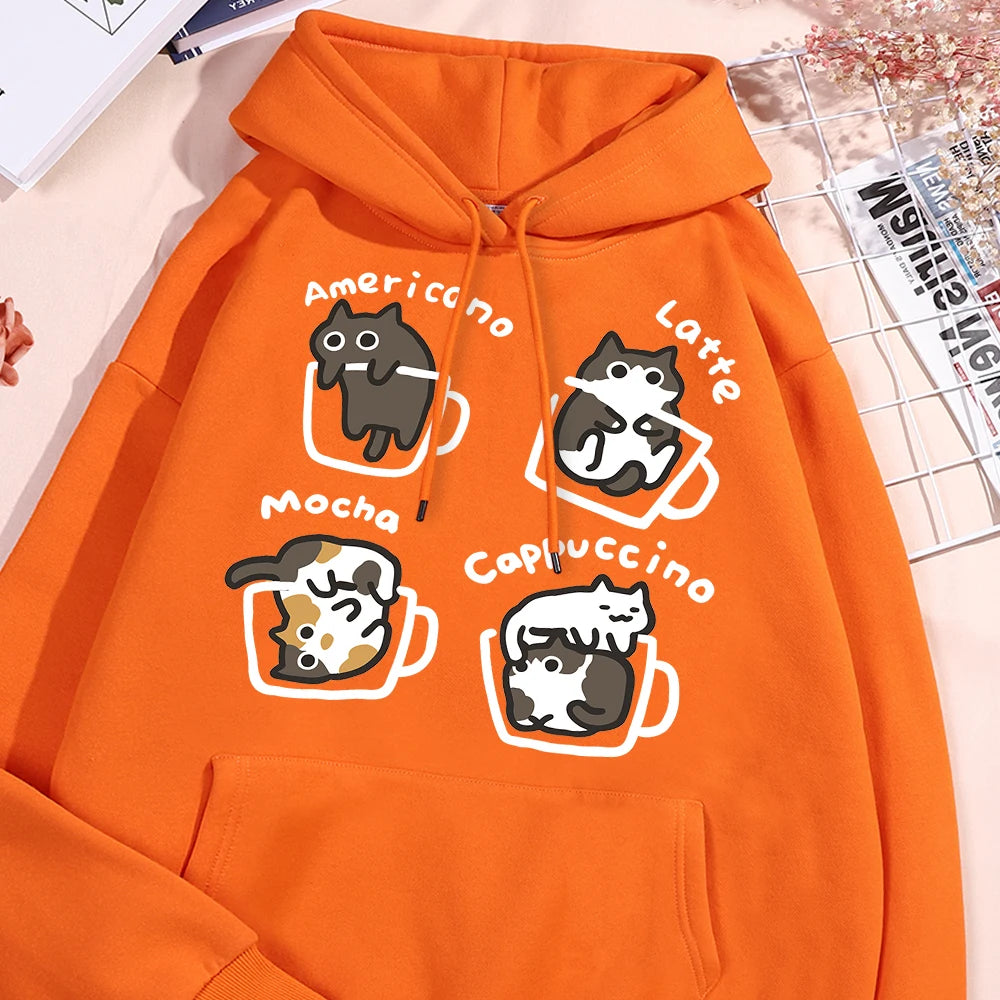 American Style Coffee Cat Hoodie – Unisex Oversized Fleece Streetwear Sweatshirt