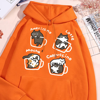 American Style Coffee Cat Hoodie – Unisex Oversized Fleece Streetwear Sweatshirt