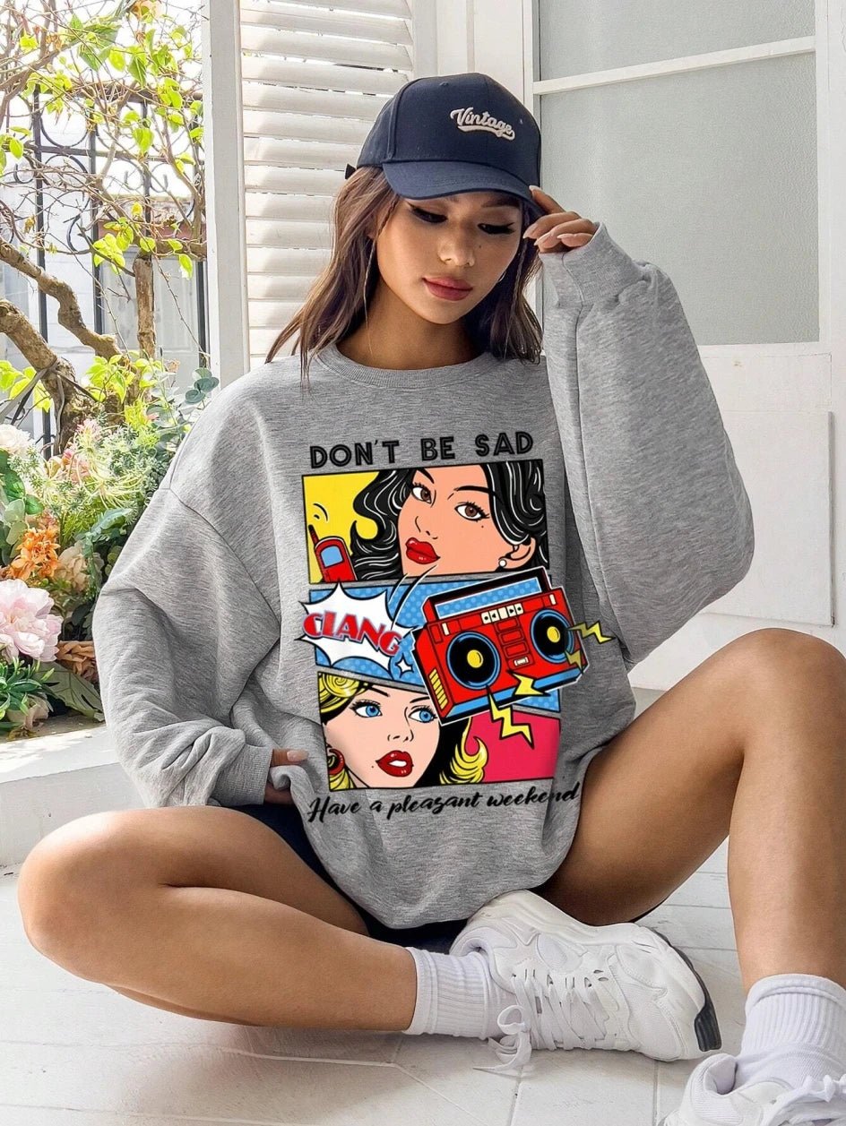 Cartoon Beauty Print Women’s Sweatshirt – Casual Loose Fleece Crewneck Hoodie