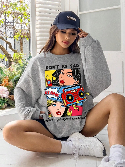 Cartoon Beauty Print Women’s Sweatshirt – Casual Loose Fleece Crewneck Hoodie