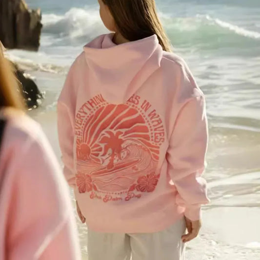 PINK PALM PUFF Embroidery Women’s Hoodie – Autumn/Winter Plus Velvet Casual Sweatshirt