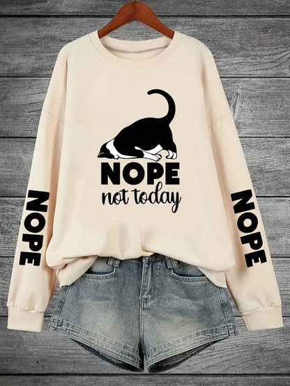 Nope Not Today” Cartoon Cat Print Women’s Fleece Hoodie – Hip Hop Casual Pullover