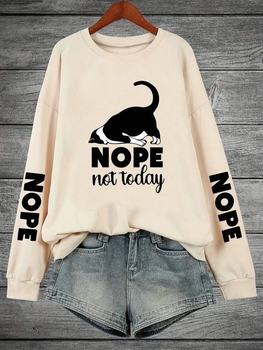 Nope Not Today” Cartoon Cat Print Women’s Fleece Hoodie – Hip Hop Casual Pullover