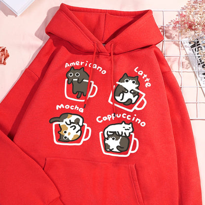 American Style Coffee Cat Hoodie – Unisex Oversized Fleece Streetwear Sweatshirt