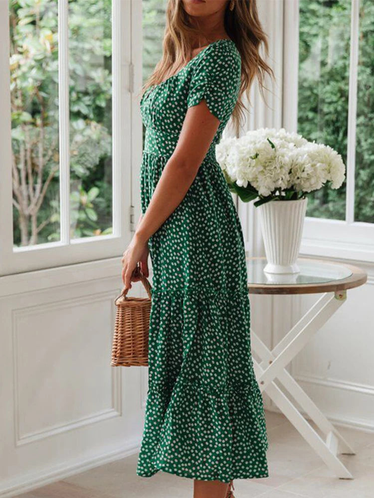 Casual Square collar floral maxi long dress