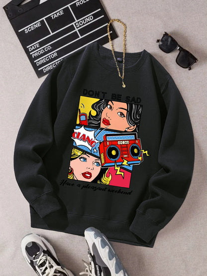 Cartoon Beauty Print Women’s Sweatshirt – Casual Loose Fleece Crewneck Hoodie