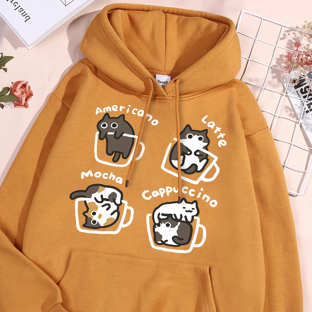 American Style Coffee Cat Hoodie – Unisex Oversized Fleece Streetwear Sweatshirt