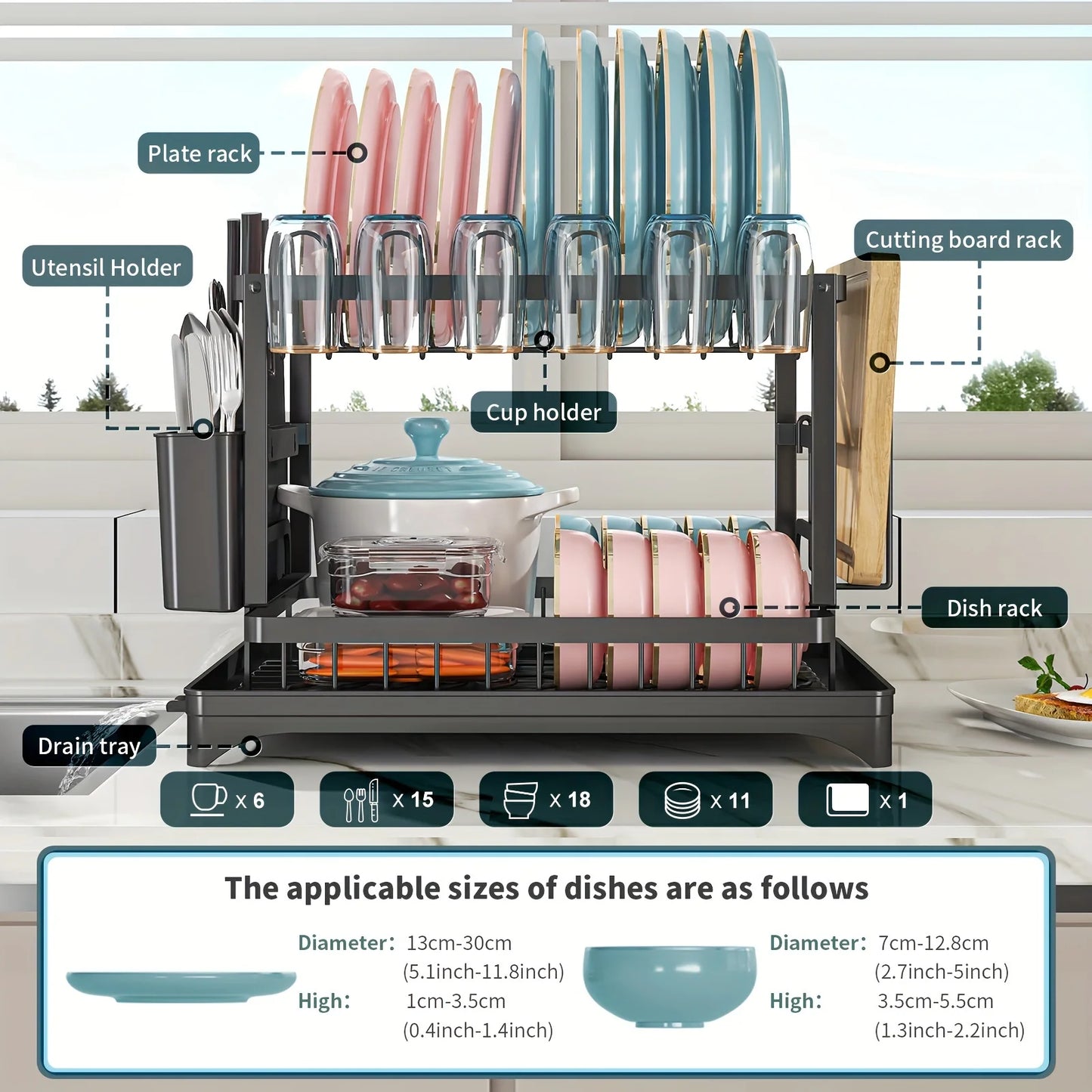 2-Tier Stainless Steel Dish Drying Rack with Drainboard
