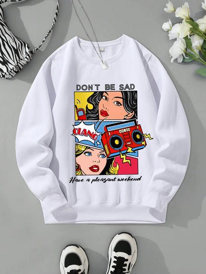 Cartoon Beauty Print Women’s Sweatshirt – Casual Loose Fleece Crewneck Hoodie
