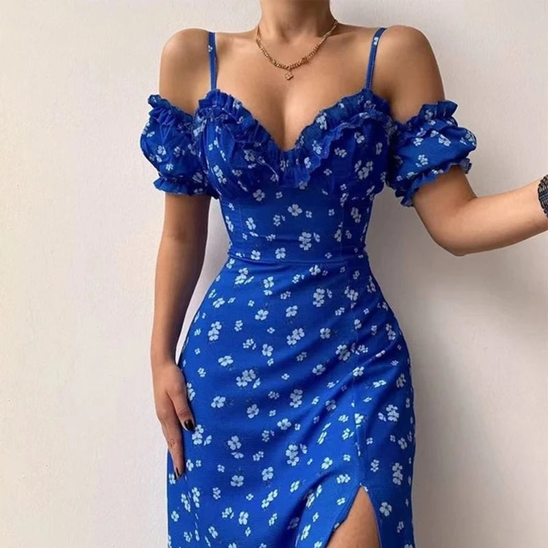 Elegant Puff Sleeve Belted Midi Dress