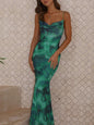 Sexy Women's Dress with Green Printed Open Back