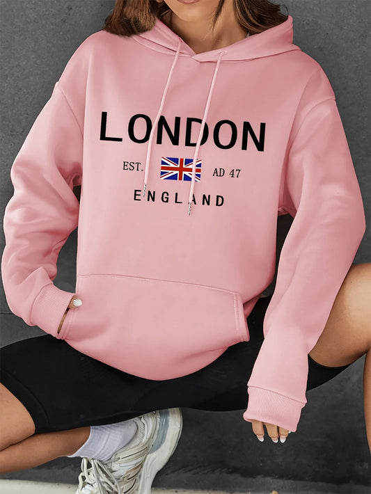 Vibrant London Print Drawstring Hoodie – Casual Long Sleeve Fashion Sweatshirt with Kangaroo Pocket
