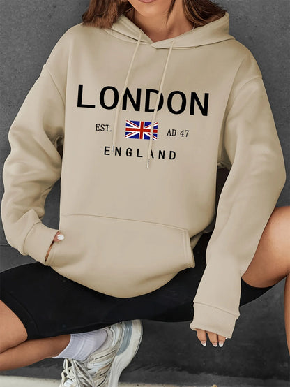 Vibrant London Print Drawstring Hoodie – Casual Long Sleeve Fashion Sweatshirt with Kangaroo Pocket