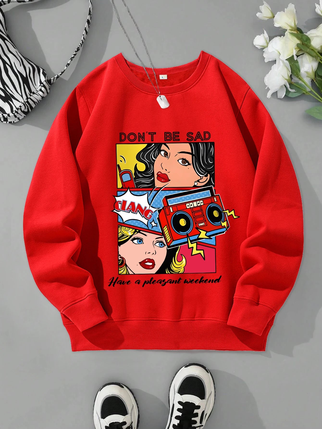 Cartoon Beauty Print Women’s Sweatshirt – Casual Loose Fleece Crewneck Hoodie