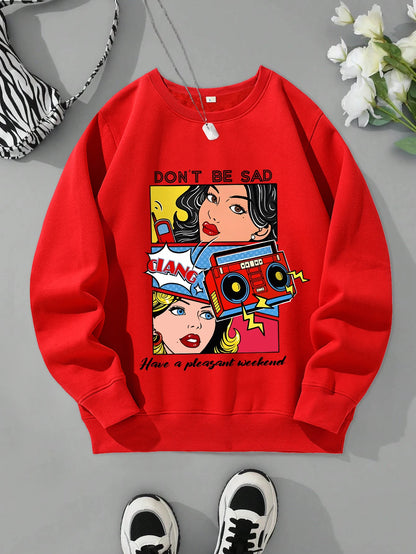 Cartoon Beauty Print Women’s Sweatshirt – Casual Loose Fleece Crewneck Hoodie