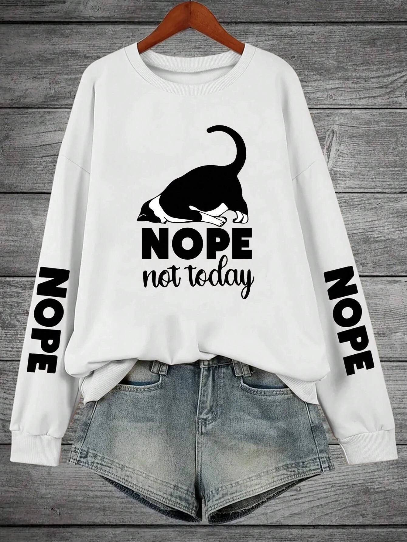 Nope Not Today” Cartoon Cat Print Women’s Fleece Hoodie – Hip Hop Casual Pullover