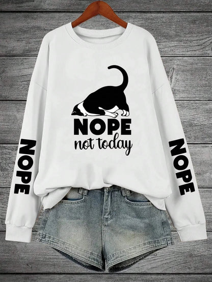 Nope Not Today” Cartoon Cat Print Women’s Fleece Hoodie – Hip Hop Casual Pullover