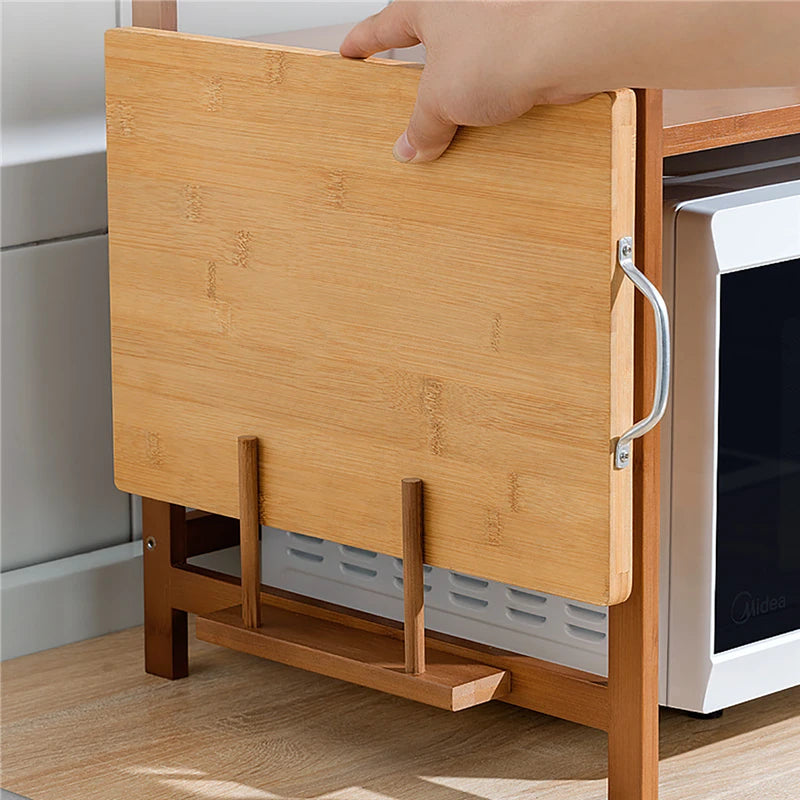 Adjustable Bamboo Microwave Oven Storage Rack with Hooks &amp; Chopping Board Holder