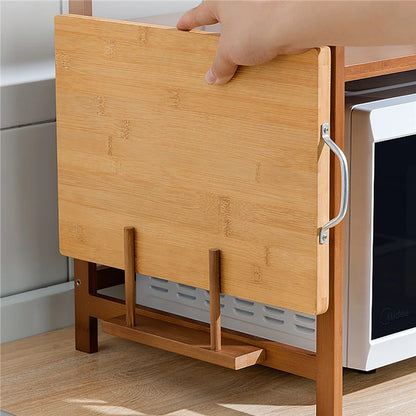Adjustable Bamboo Microwave Oven Storage Rack with Hooks &amp; Chopping Board Holder