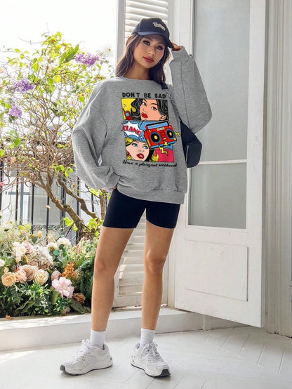 Cartoon Beauty Print Women’s Sweatshirt – Casual Loose Fleece Crewneck Hoodie