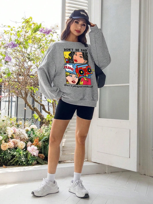 Cartoon Beauty Print Women’s Sweatshirt – Casual Loose Fleece Crewneck Hoodie