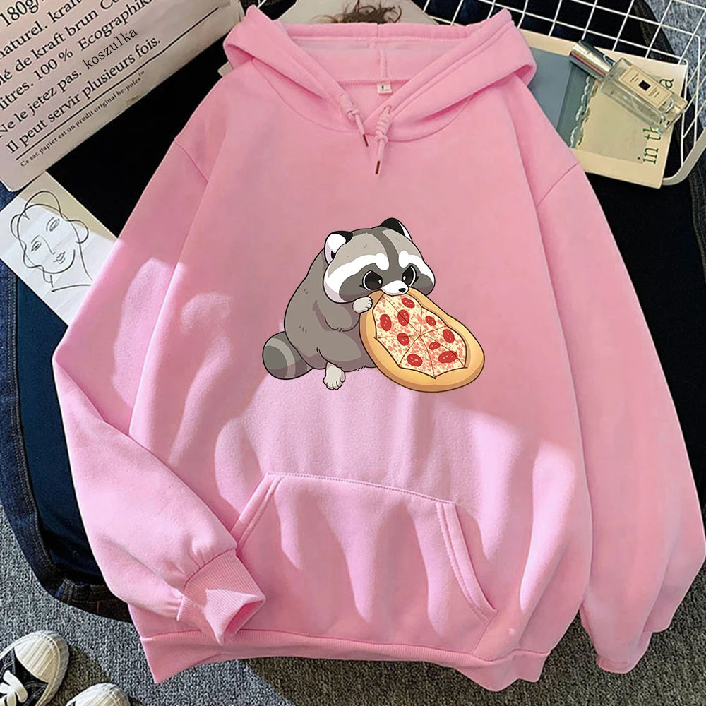 Cartoon Pizza Raccoon Hoodie Women Cute Print Hoodies Harajuku Sweatshirts Autumn Winter Plus Size Fleece Hooded Pullover