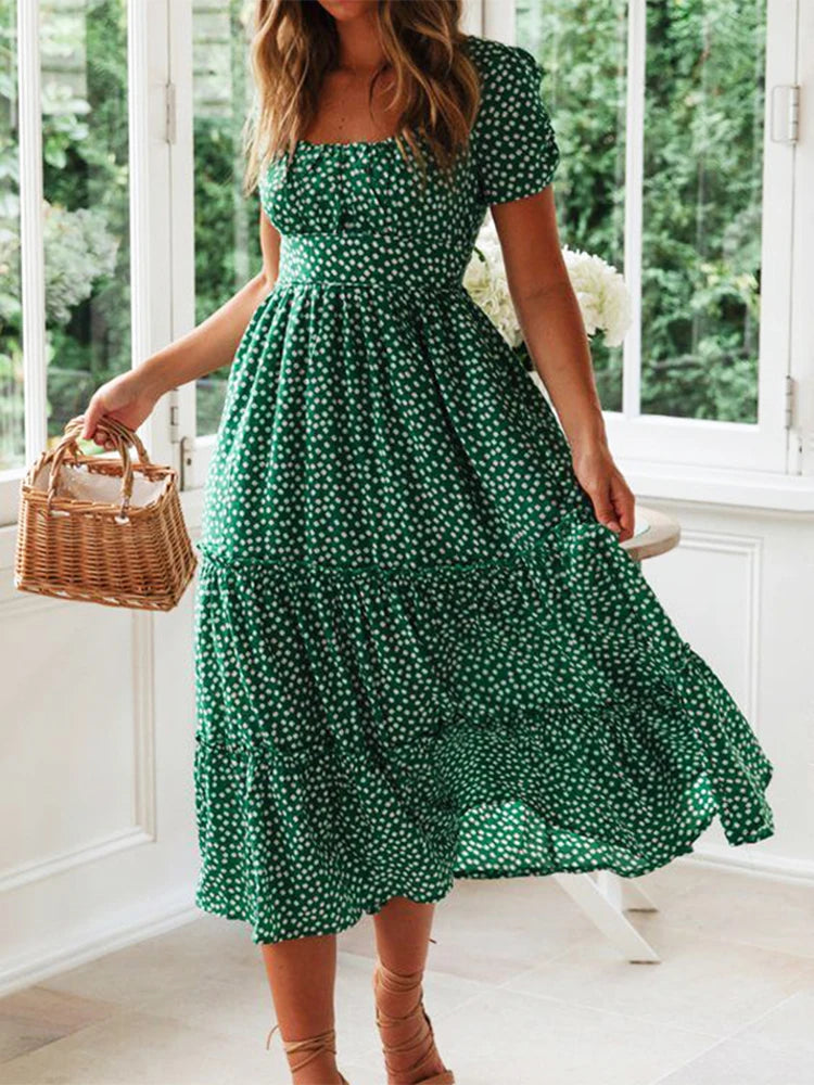 Casual Square collar floral maxi long dress