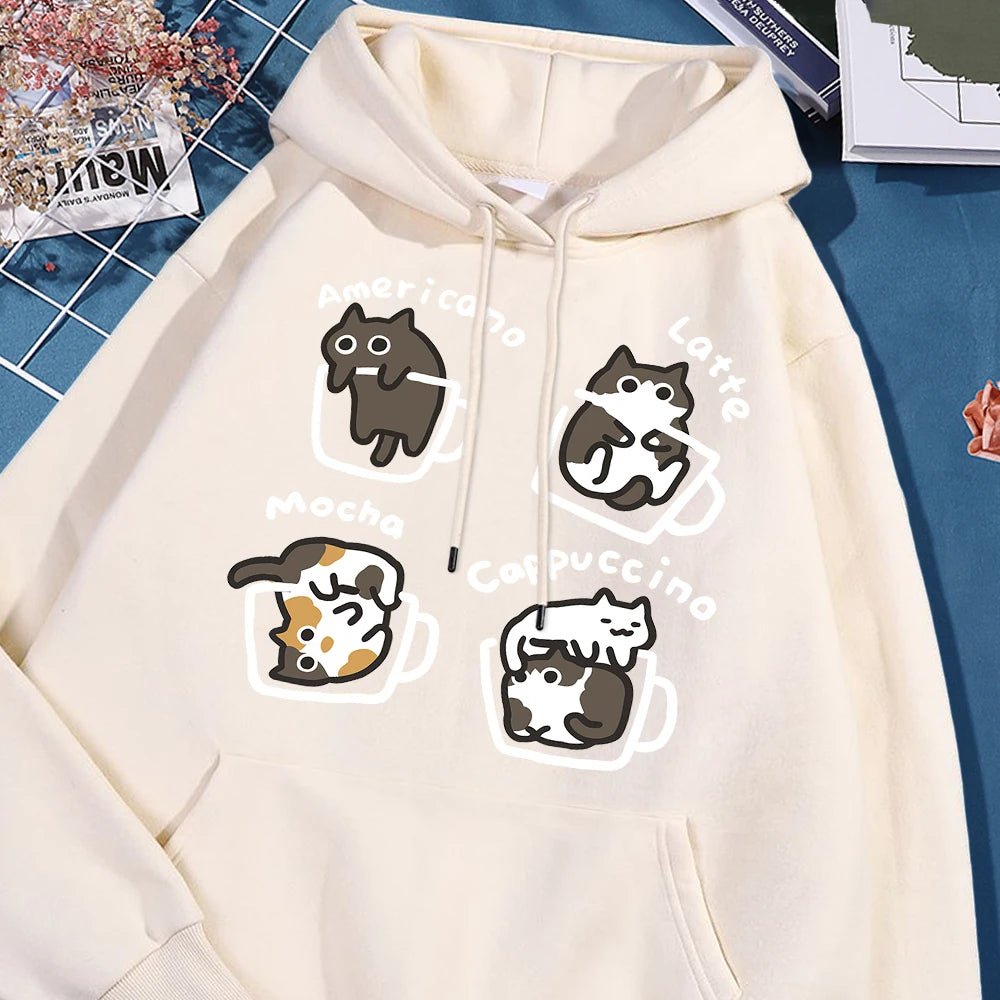 American Style Coffee Cat Hoodie – Unisex Oversized Fleece Streetwear Sweatshirt