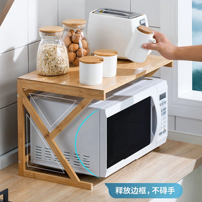 Adjustable Bamboo Microwave Oven Storage Rack with Hooks &amp; Chopping Board Holder