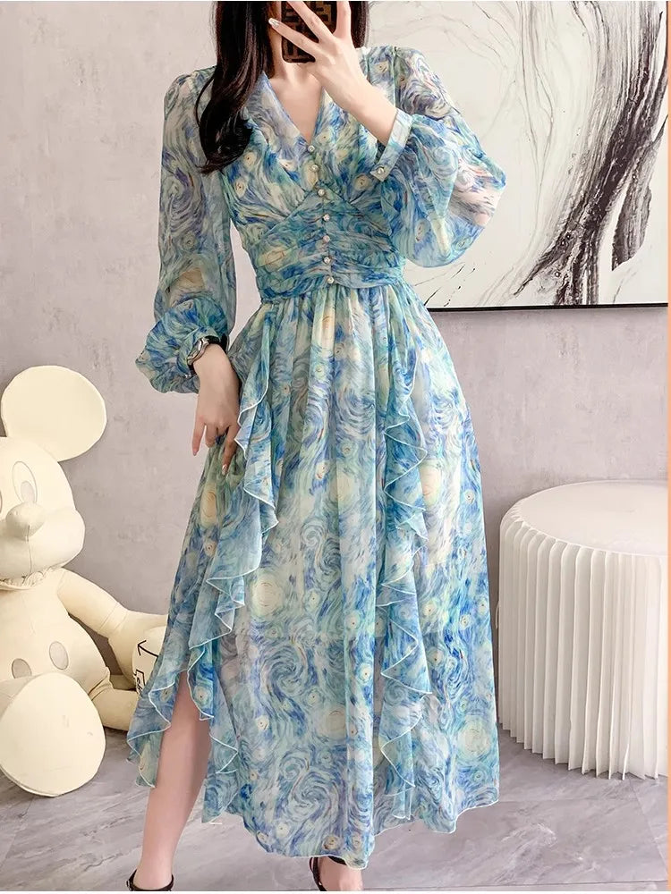 Elegant Long Sleeve Floral Maxi Dress