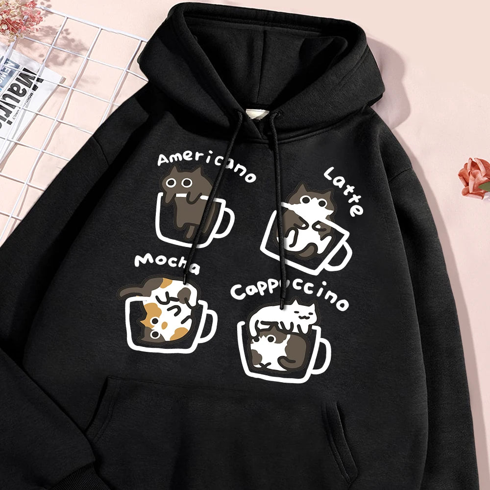 American Style Coffee Cat Hoodie – Unisex Oversized Fleece Streetwear Sweatshirt