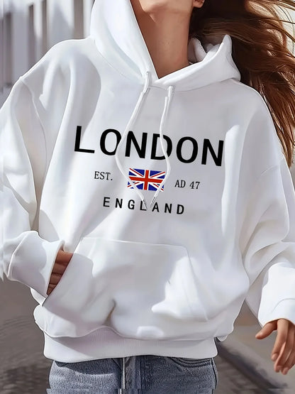 Vibrant London Print Drawstring Hoodie – Casual Long Sleeve Fashion Sweatshirt with Kangaroo Pocket