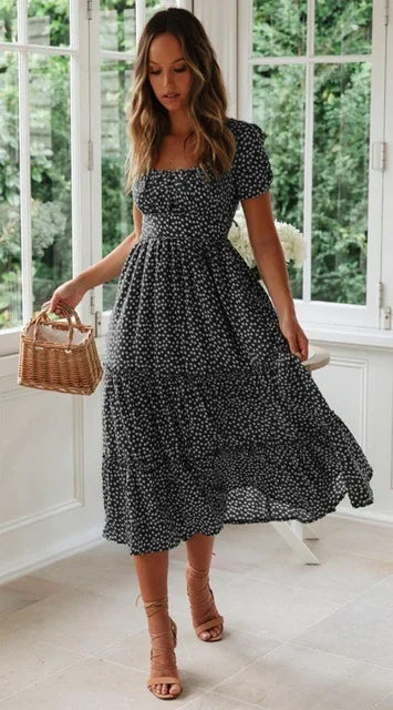 Casual Square collar floral maxi long dress