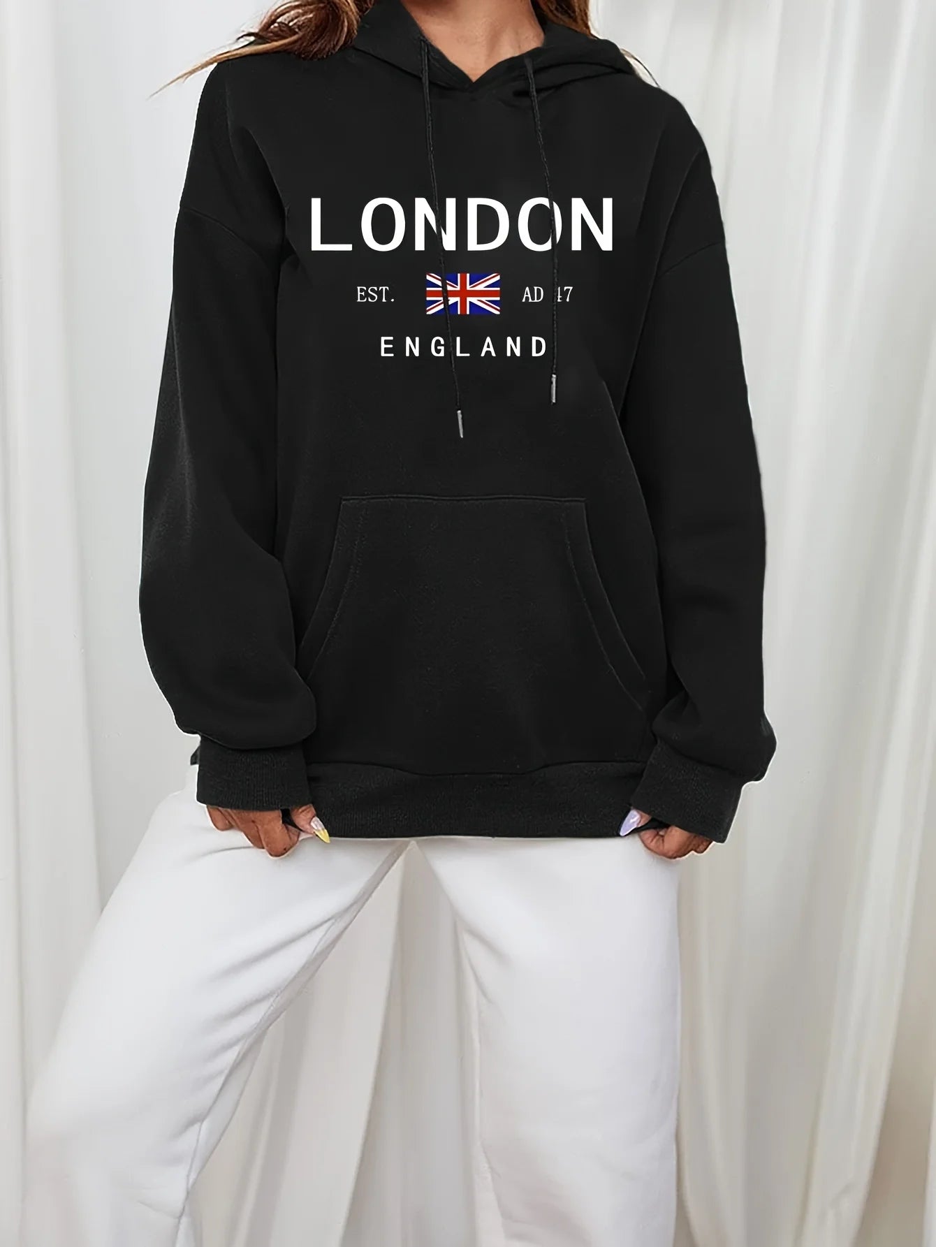 Vibrant London Print Drawstring Hoodie – Casual Long Sleeve Fashion Sweatshirt with Kangaroo Pocket
