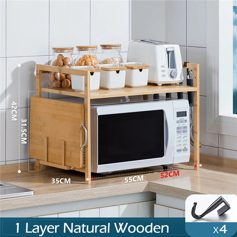 Adjustable Bamboo Microwave Oven Storage Rack with Hooks &amp; Chopping Board Holder