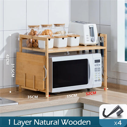 Adjustable Bamboo Microwave Oven Storage Rack with Hooks &amp; Chopping Board Holder