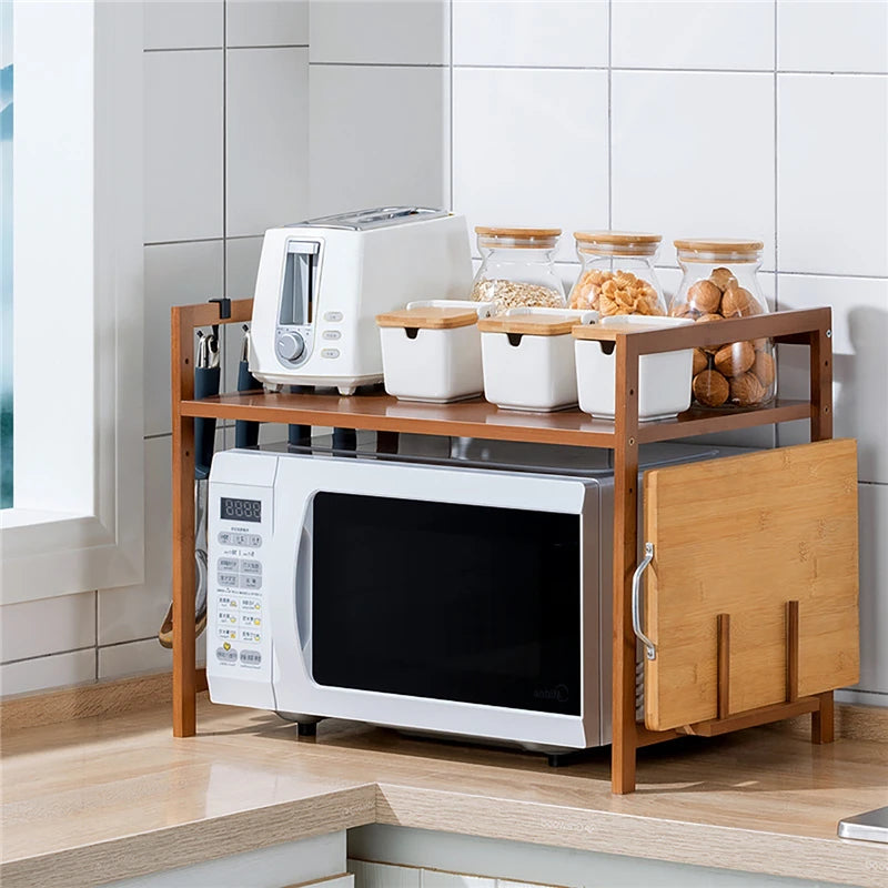 Adjustable Bamboo Microwave Oven Storage Rack with Hooks &amp; Chopping Board Holder