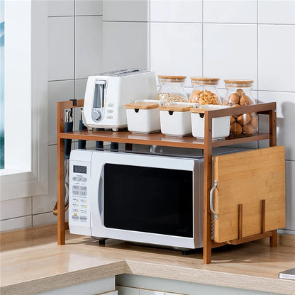 Adjustable Bamboo Microwave Oven Storage Rack with Hooks &amp; Chopping Board Holder